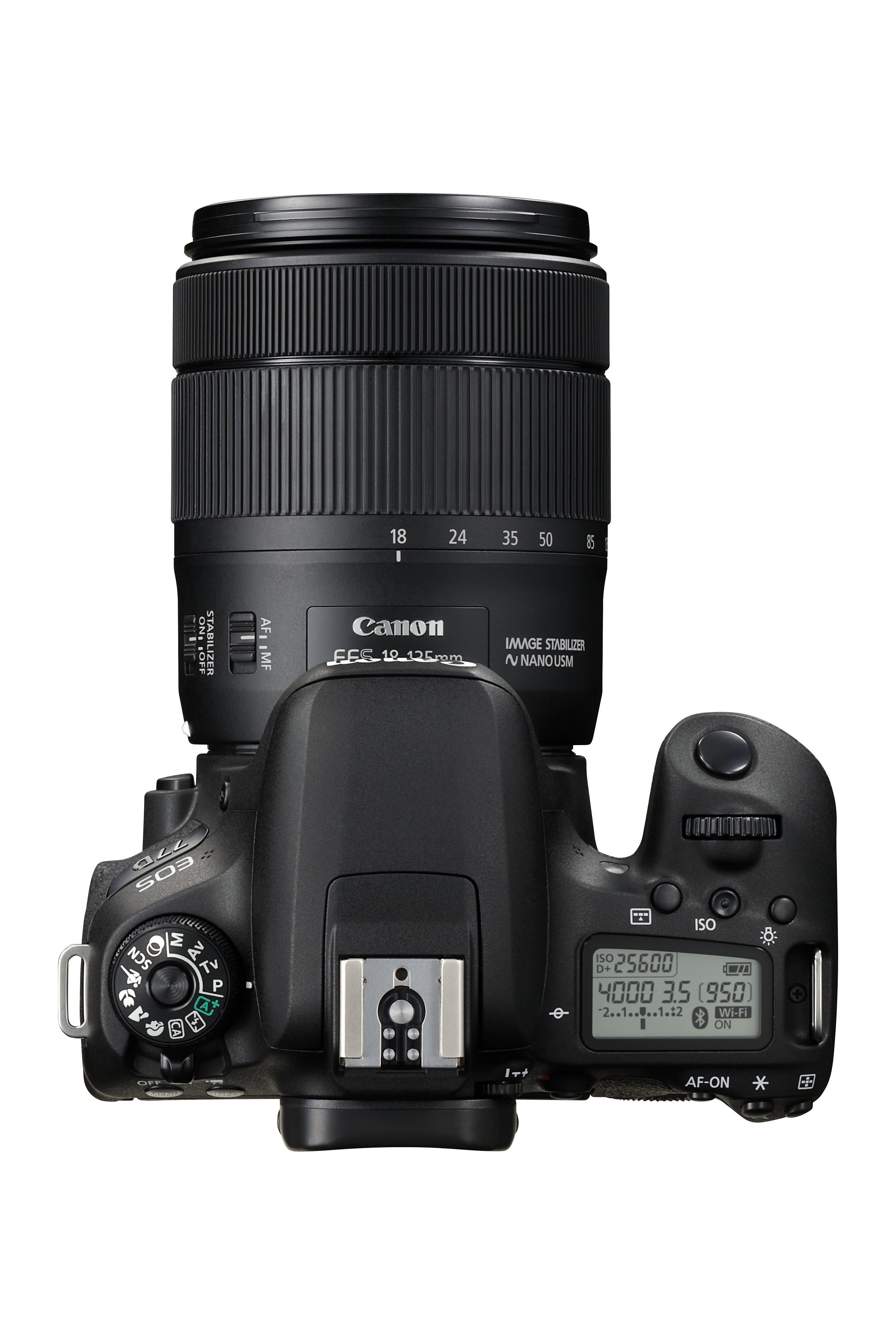 Draufsicht auf eine Canon EOS Kamera mit Objektiv.