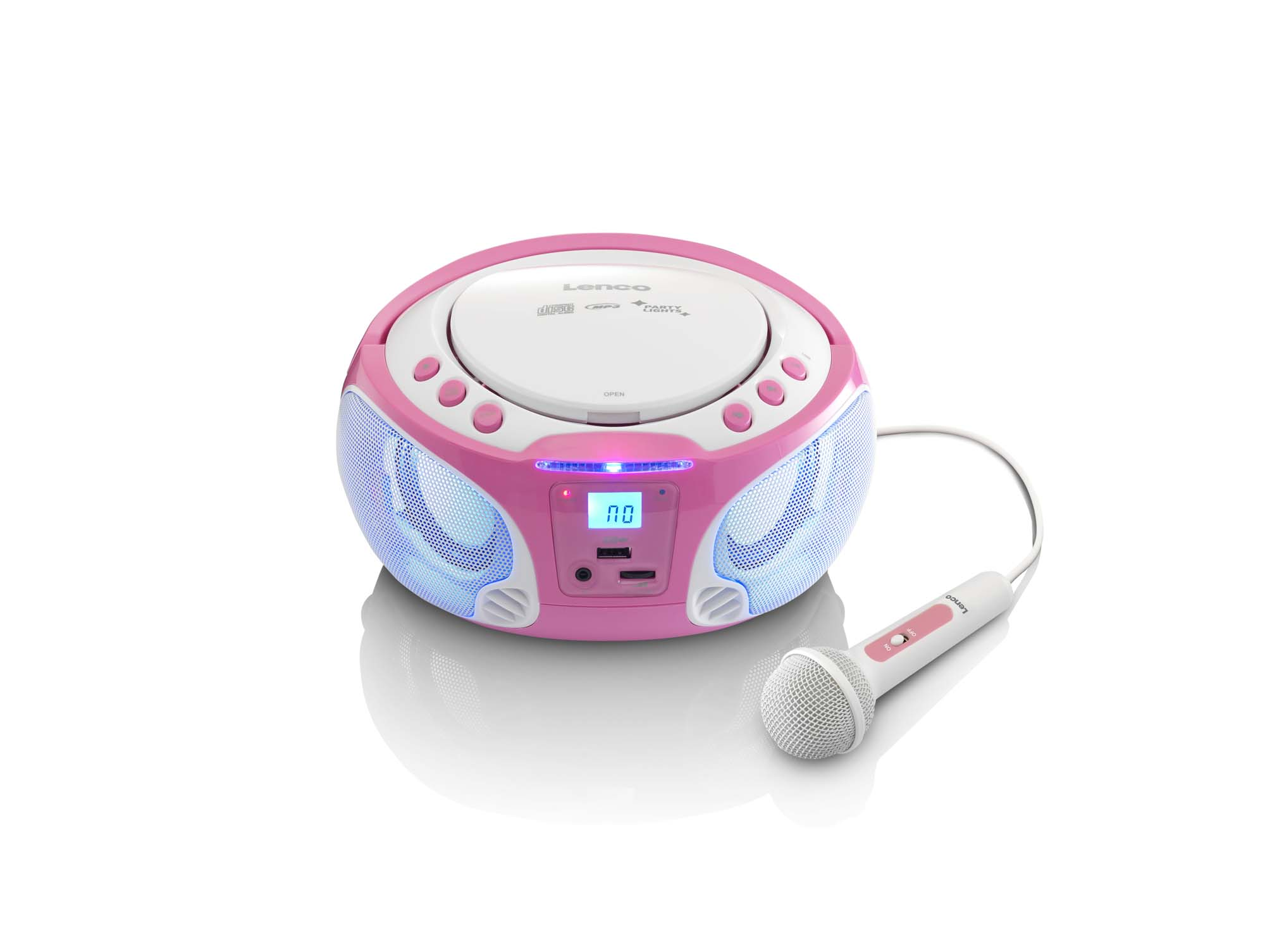 Roze Lenco cd-speler met microfoon op wit oppervlak. De cd-speler heeft blauw licht en knoppen.