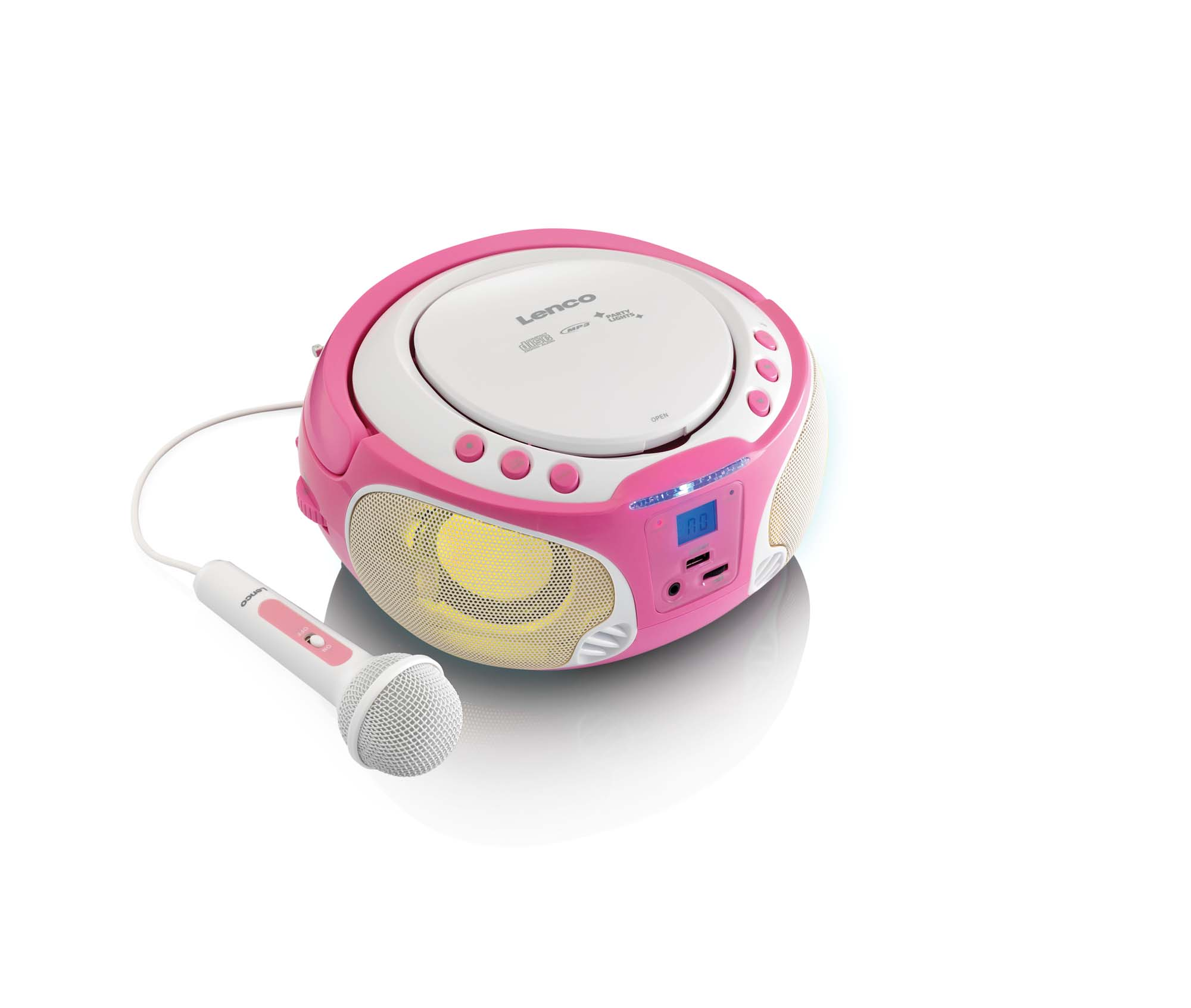 Roze en witte Lenco cd-speler met microfoon. De speler heeft een luidspreker, display en knoppen. De microfoon is wit met roze accenten.