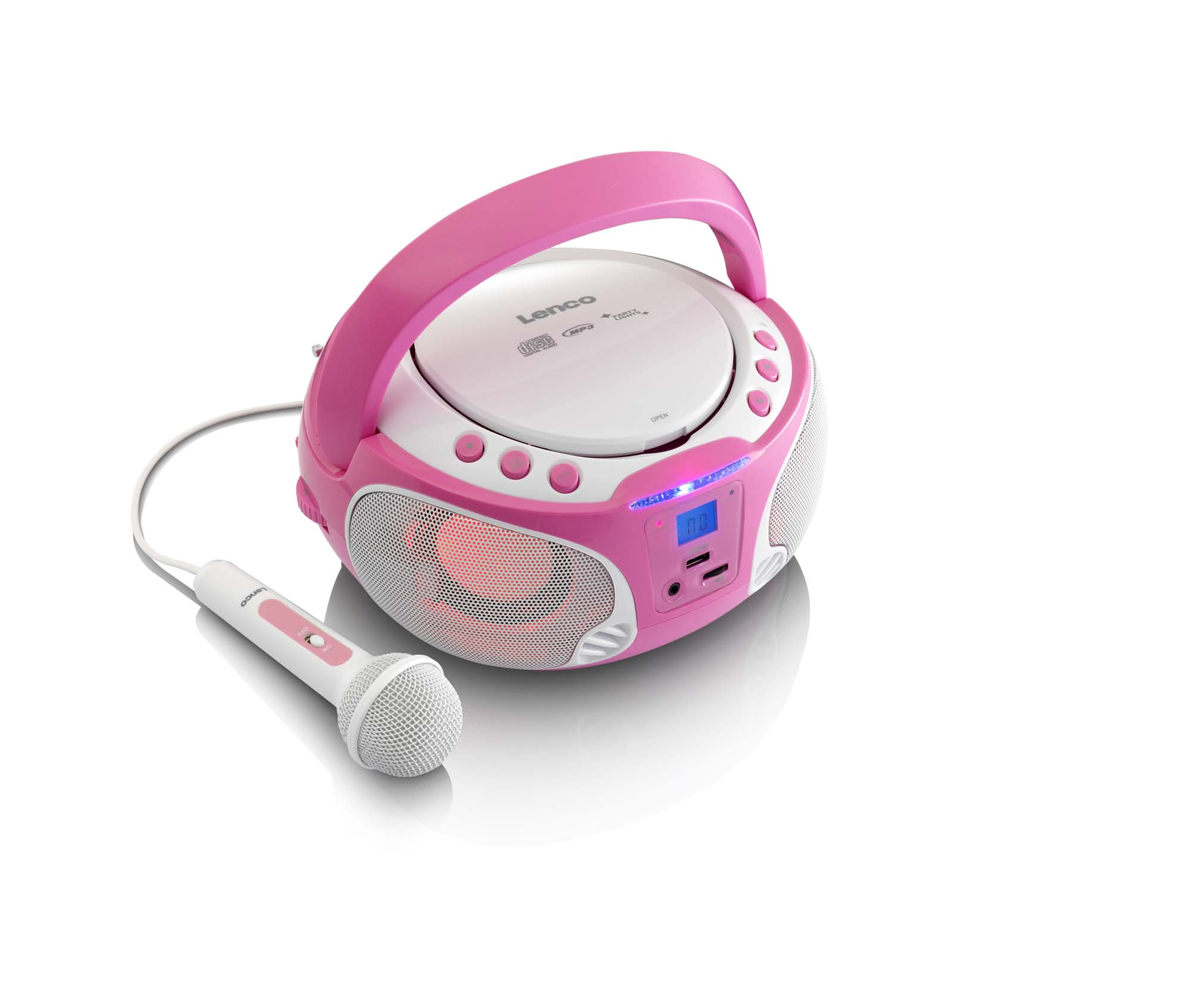 Een roze en witte Lenco cd-speler met een microfoon. De speler heeft een handvat en knoppen. De microfoon is wit.