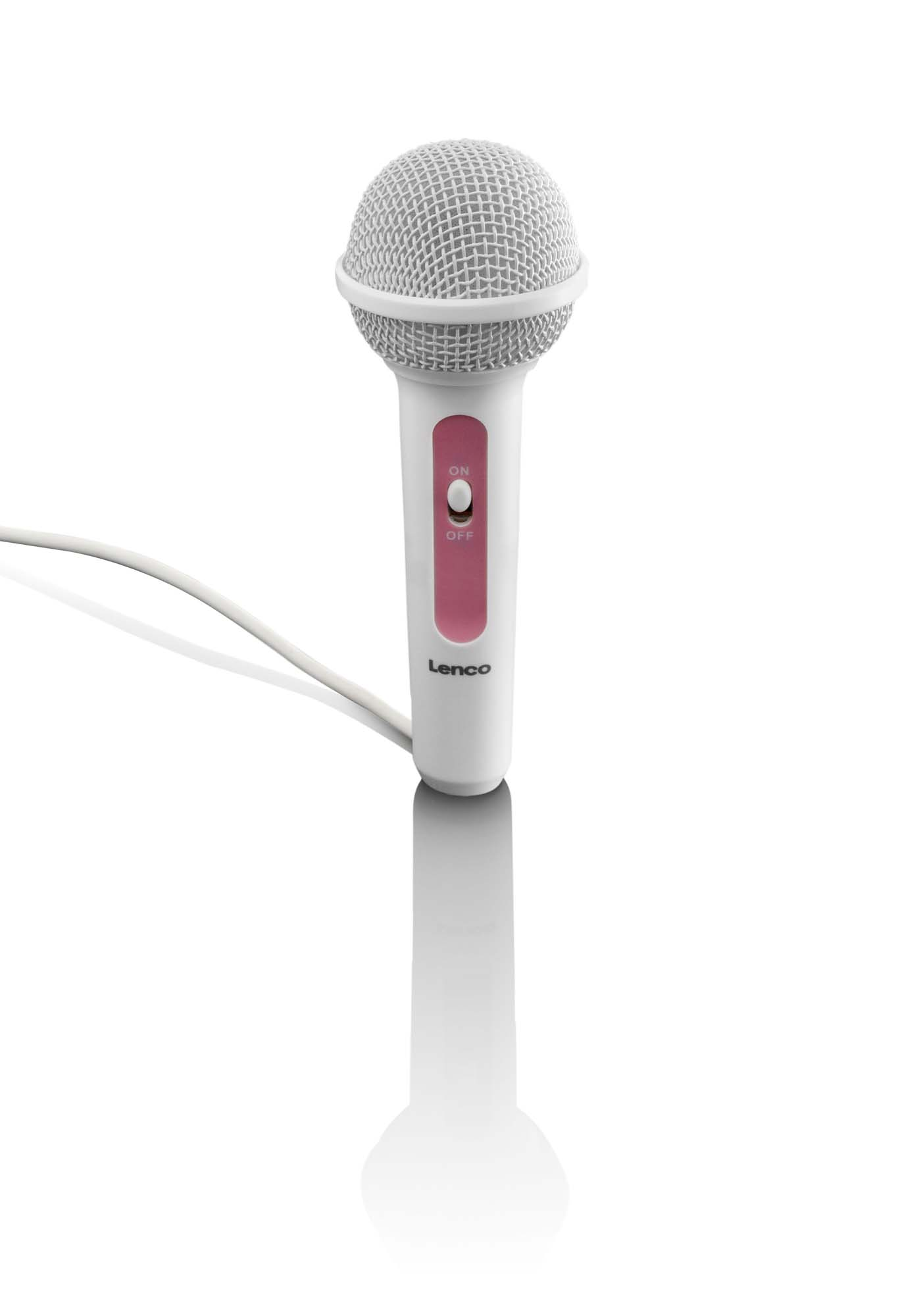 Een witte microfoon met een roze accent en een zilveren mesh-kop. De microfoon heeft een aan/uit-schakelaar en een witte kabel.