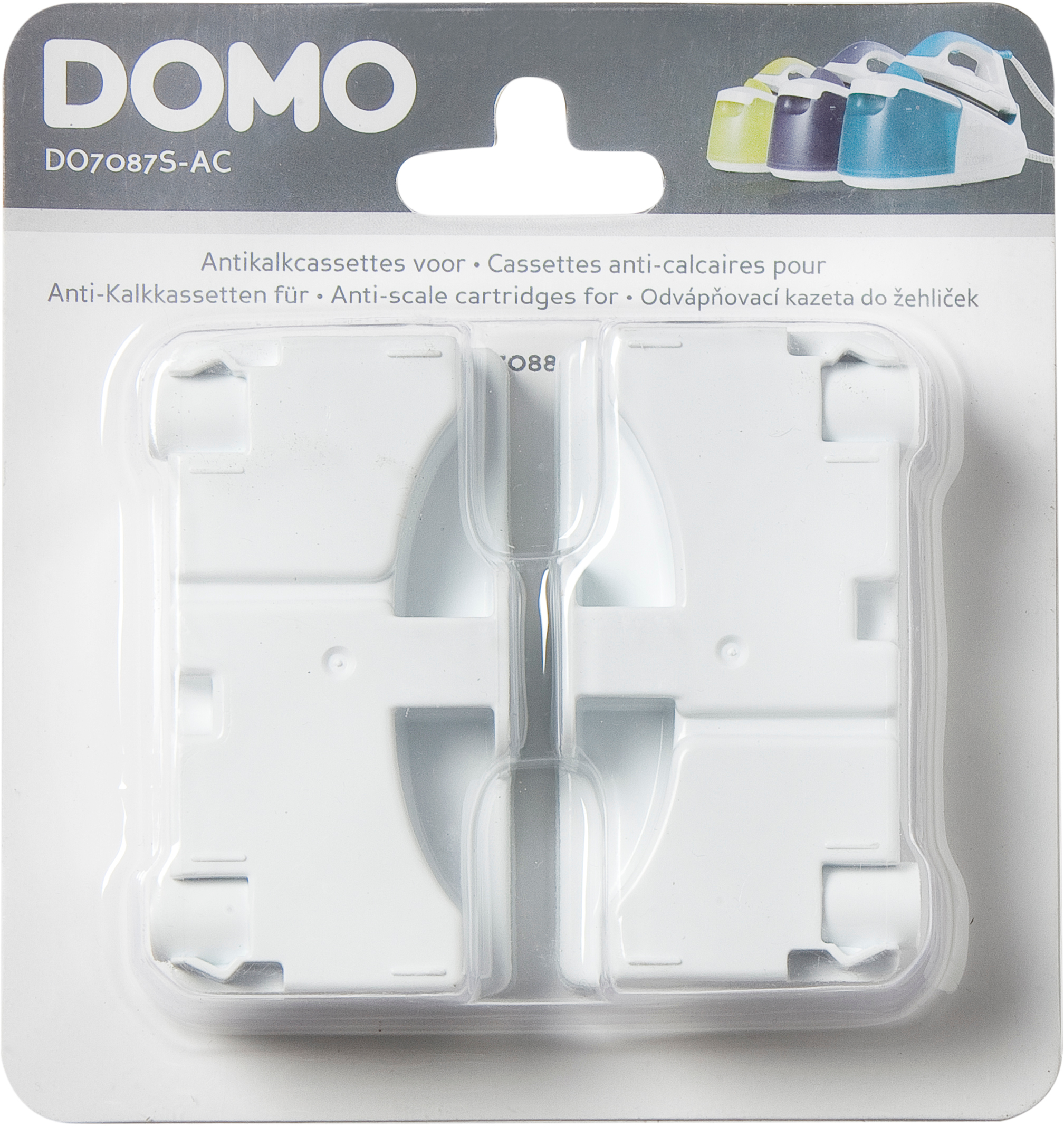 Cartouches anti-calcaire blanches dans un emballage transparent étiqueté "DOMO".