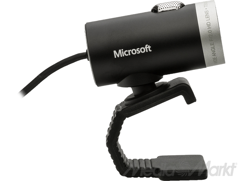 Fekete Microsoft webkamera, ívelt állvánnyal, fekete háttér előtt.