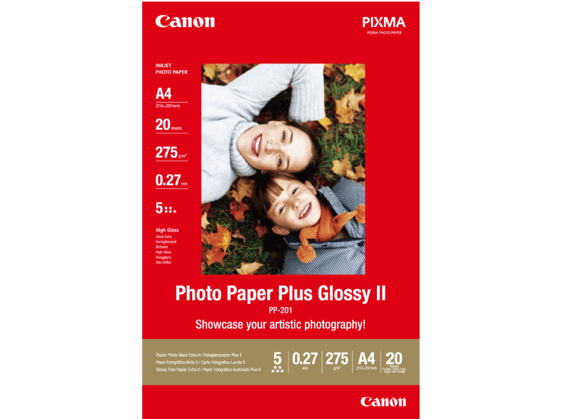 Canon fotópapír csomag, két mosolygó emberrel és a Photo Paper Plus Glossy II szöveggel.