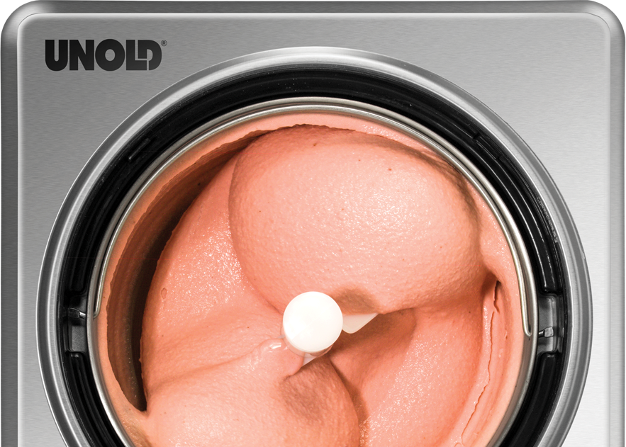 Eismaschine, silber und grau. Rosa Eiscreme im Behälter, mit weißem Rührelement.
