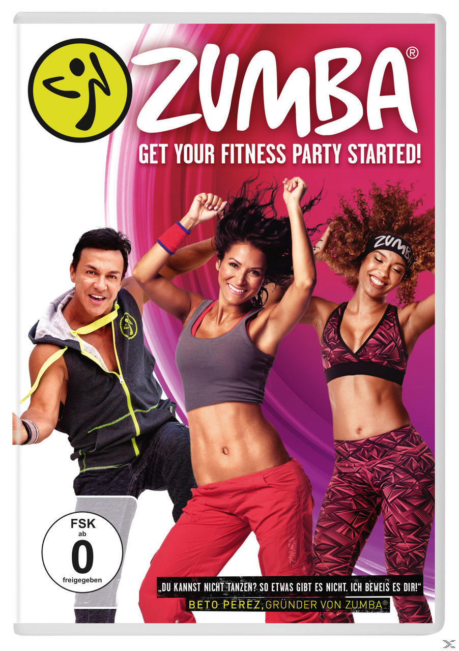 DVD-Cover von Zumba. Drei tanzende Personen, bunte Outfits und Text über Fitness.