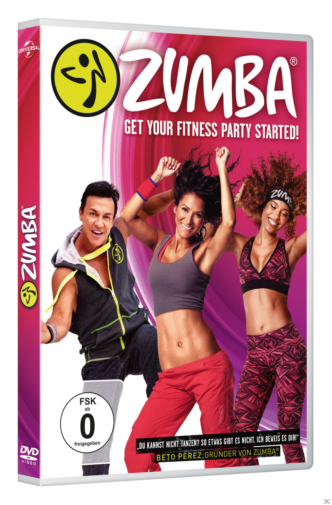 DVD-Cover. Zumba-Thema. Drei tanzende Personen. Roter und rosa Hintergrund.