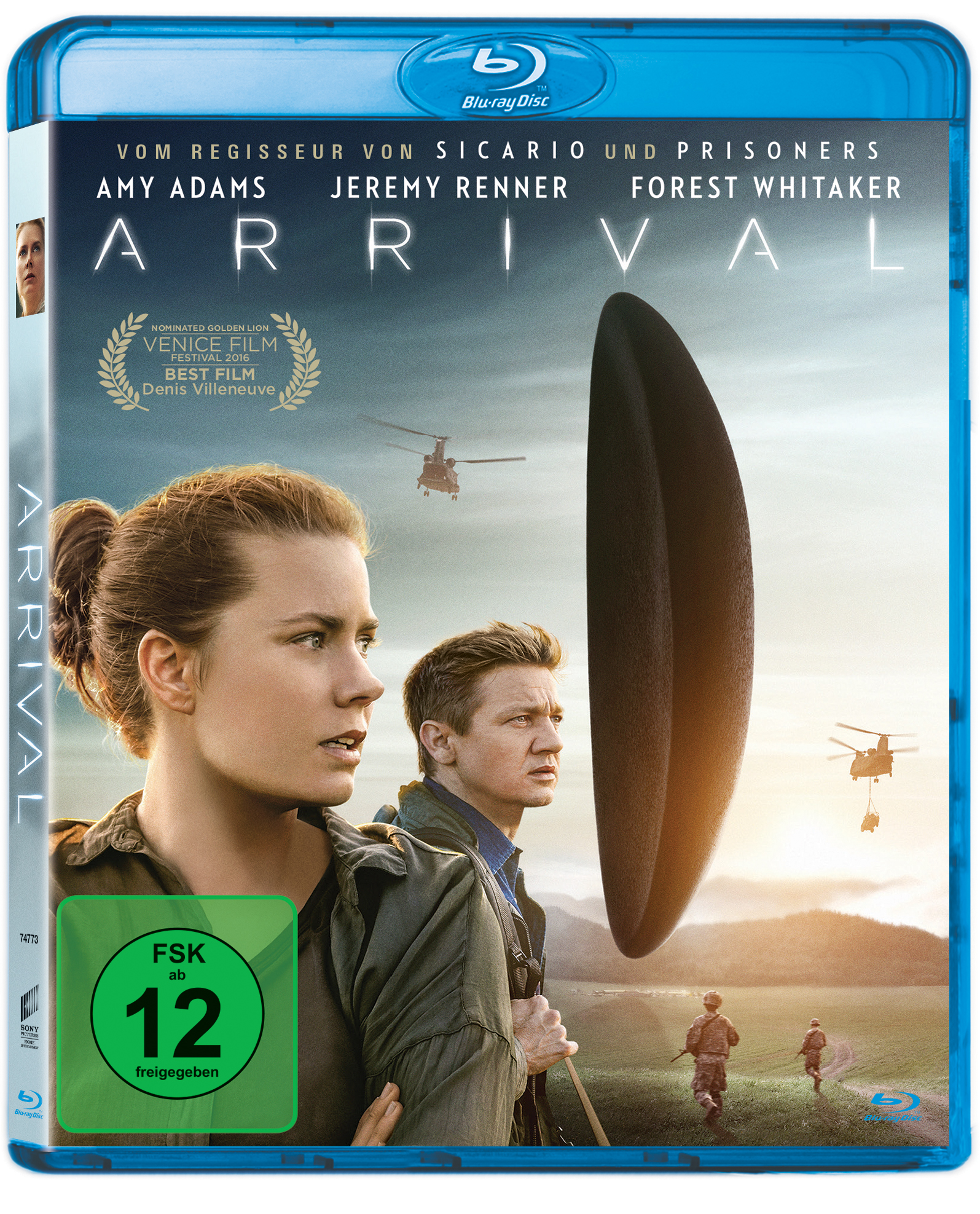 DVD-Cover von 'Arrival'. Amy Adams und Jeremy Renner im Vordergrund, Hubschrauber im Hintergrund.