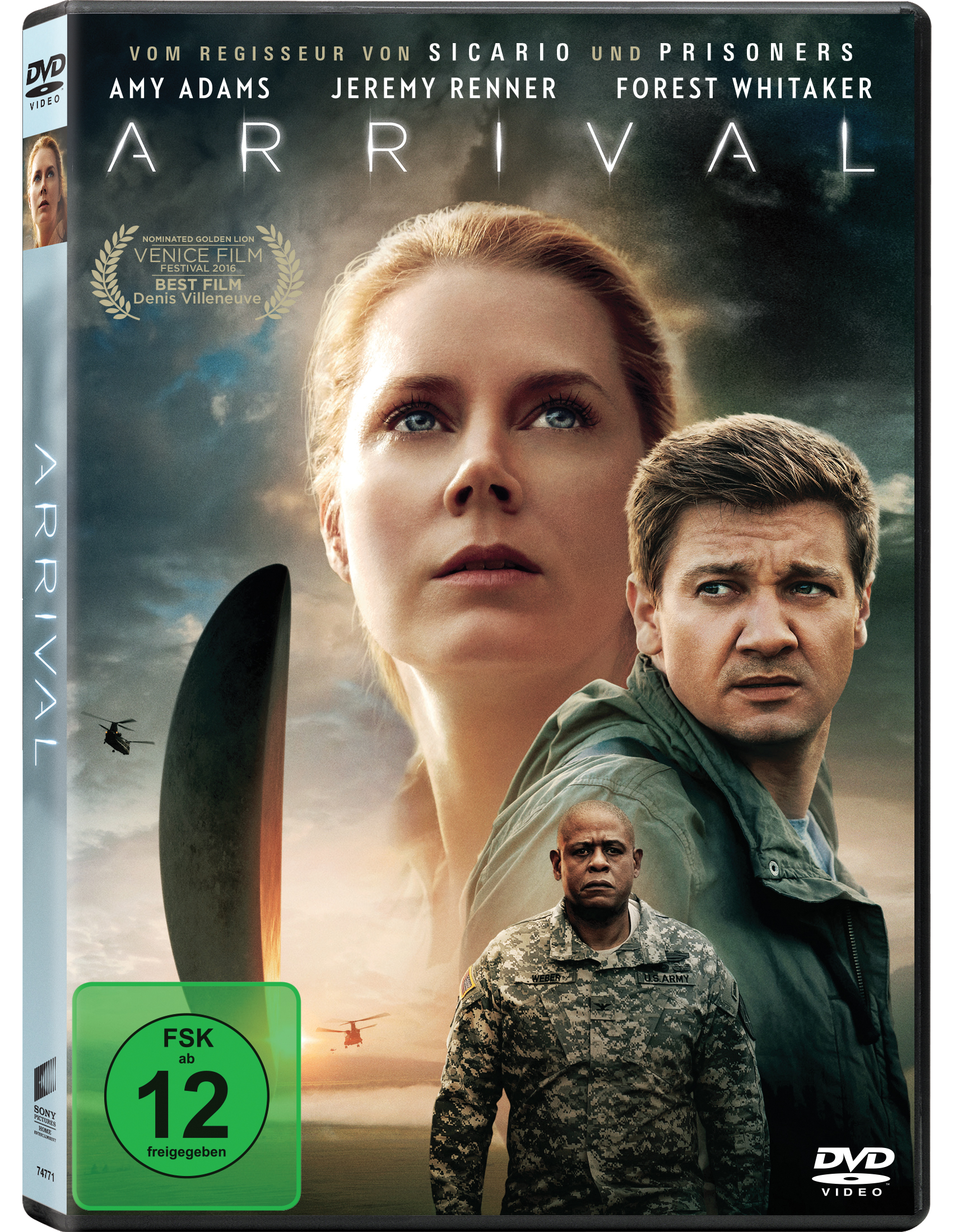 Filmposter: Amy Adams und Jeremy Renner in Arrival, mit einem Raumschiff im Hintergrund.