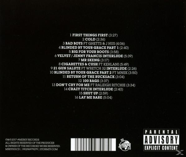 Rückseite des Albums mit Titelliste. Der Albumtitel lautet 'Stormzy', mit einer Warnung für Eltern.