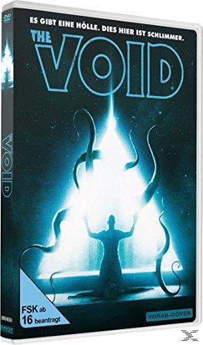DVD-Cover für 'The Void'. Eine Figur mit erhobenen Armen vor einem leuchtenden Dreieck. Dunkler Hintergrund.