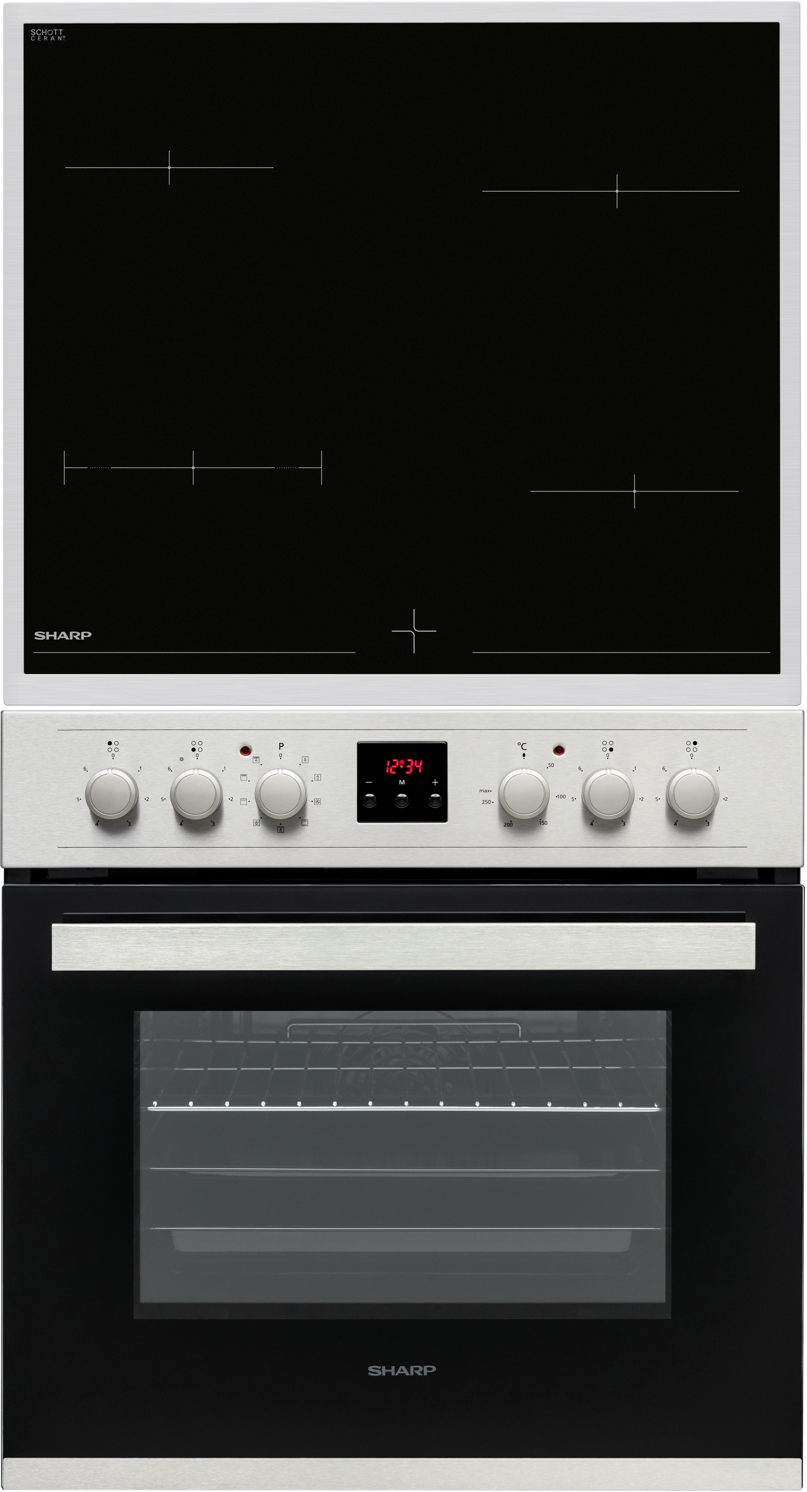 Elektroherd mit schwarzer Oberseite und weißer Unterseite. Knöpfe und eine Digitaluhr befinden sich auf der Vorderseite.