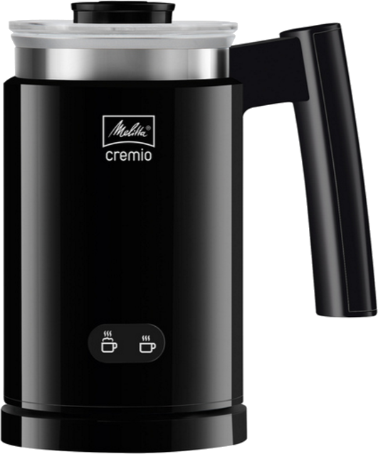 Black milk frother with a handle and a lid. Buttons for frothing are on the front. The brand is Melitta.