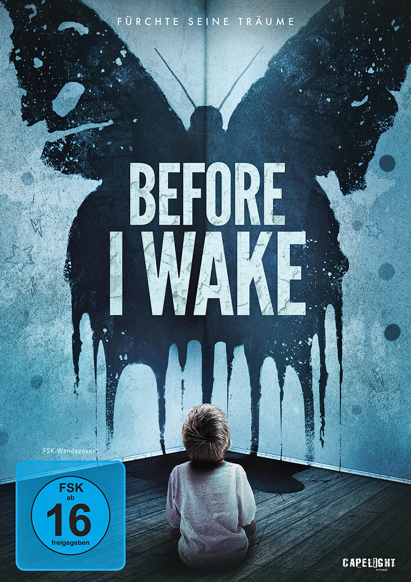 Filmcover mit einem Jungen und einer Schmetterlingsform an einer Wand. Der Titel lautet Before I Wake.