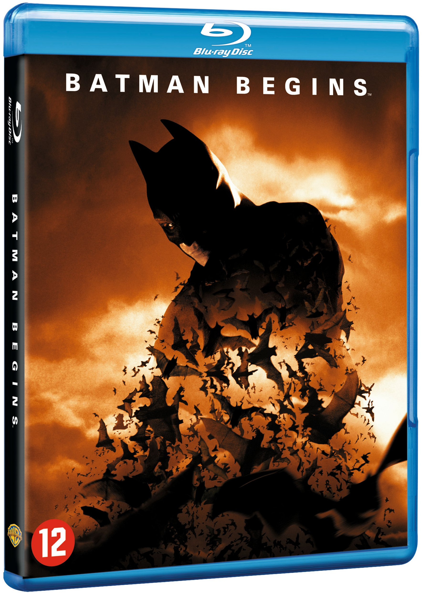 Boîtier Blu-ray de 'Batman Begins', avec Batman et des chauves-souris en orange.