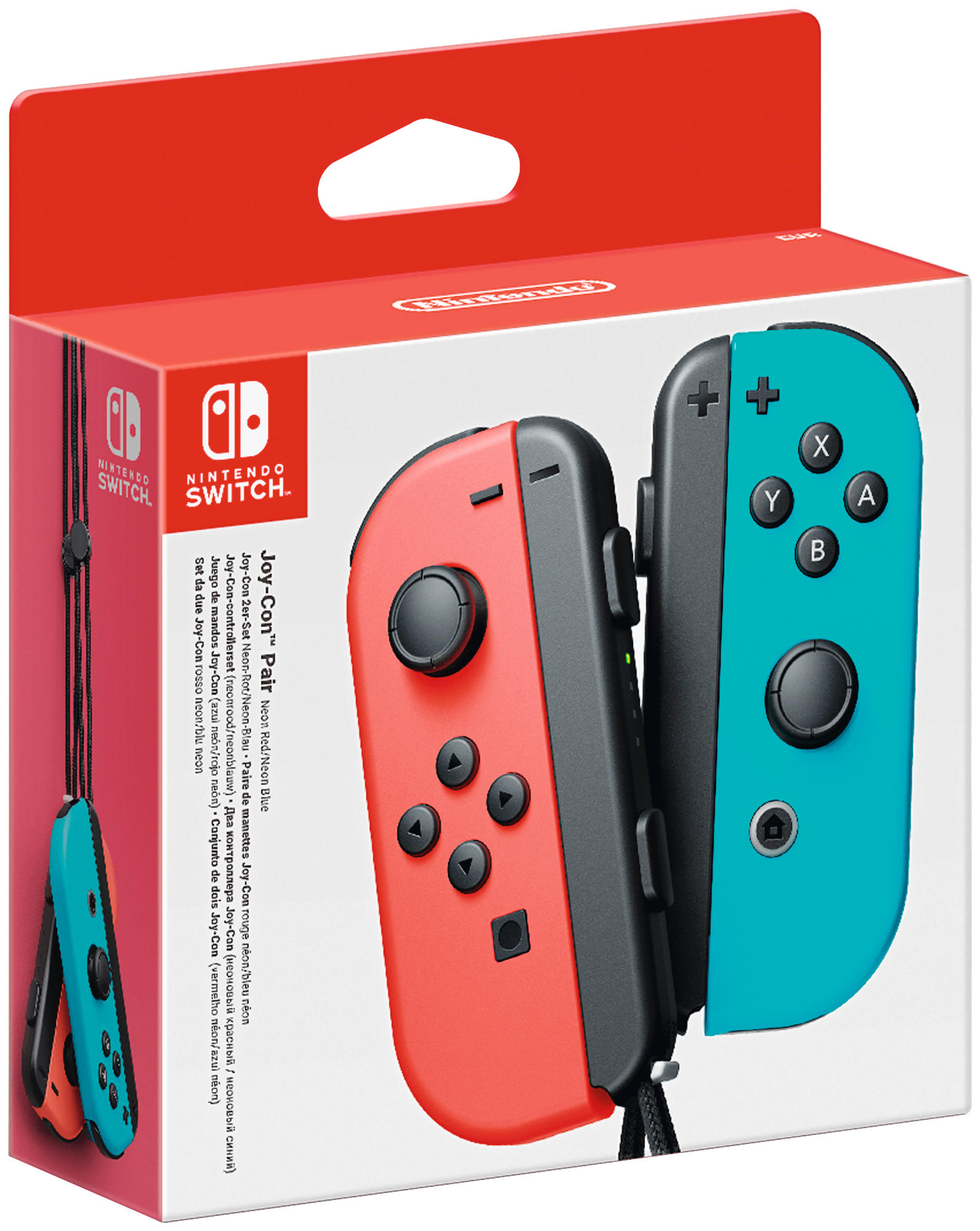 Verpackte Nintendo Switch Joy-Con-Controller. Einer rot und einer blau. Controller sind schwarz mit schwarz-weißem Text.