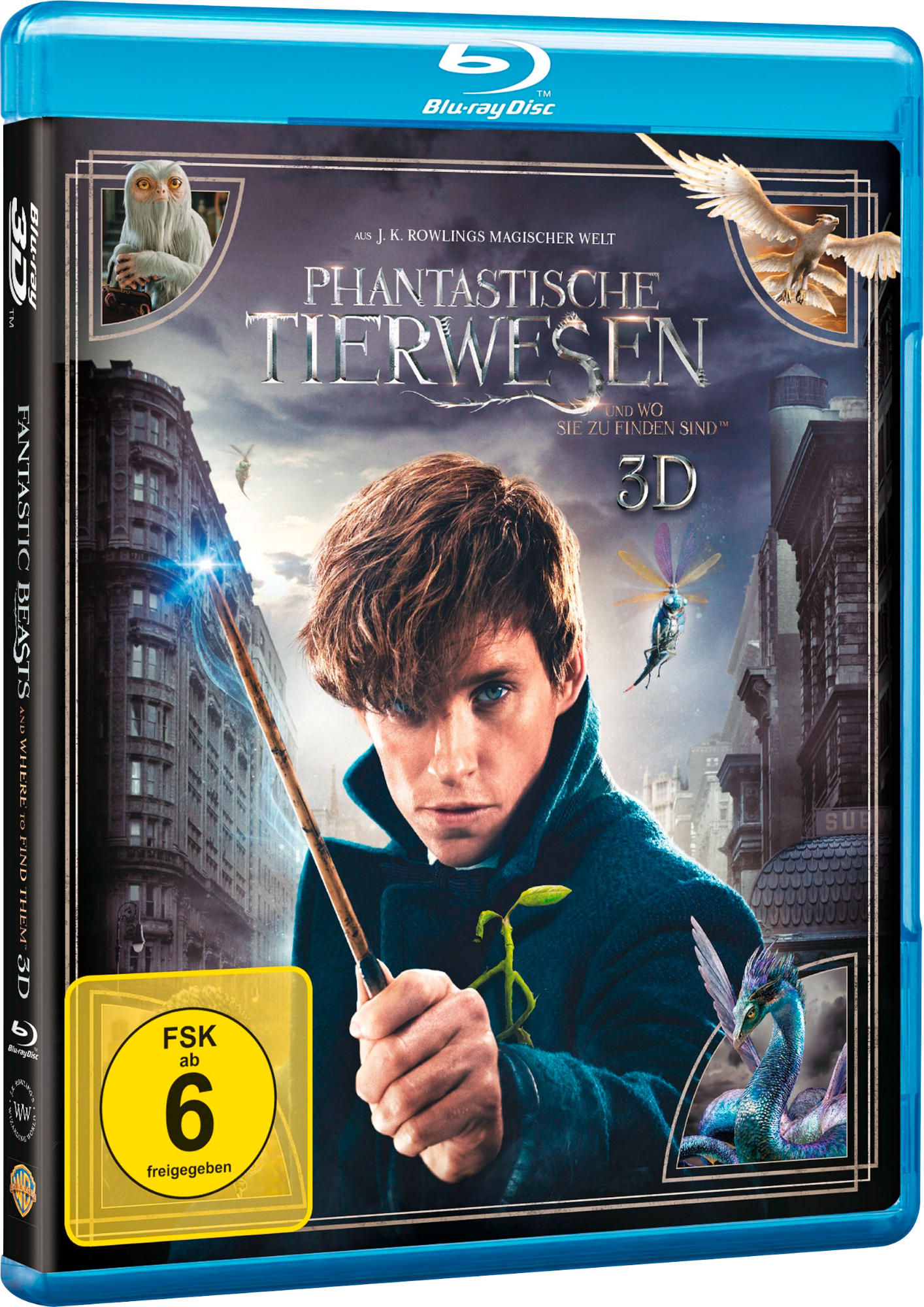 Blu-ray-Disc-Cover für den Film 'Phantastische Tierwesen'. Zeigt einen Mann mit Zauberstab und Fantasiewesen.