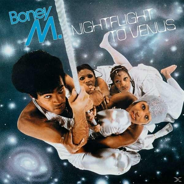 Albumcover mit Boney M. und vier Figuren in weißer Kleidung vor einem Weltraumhintergrund.