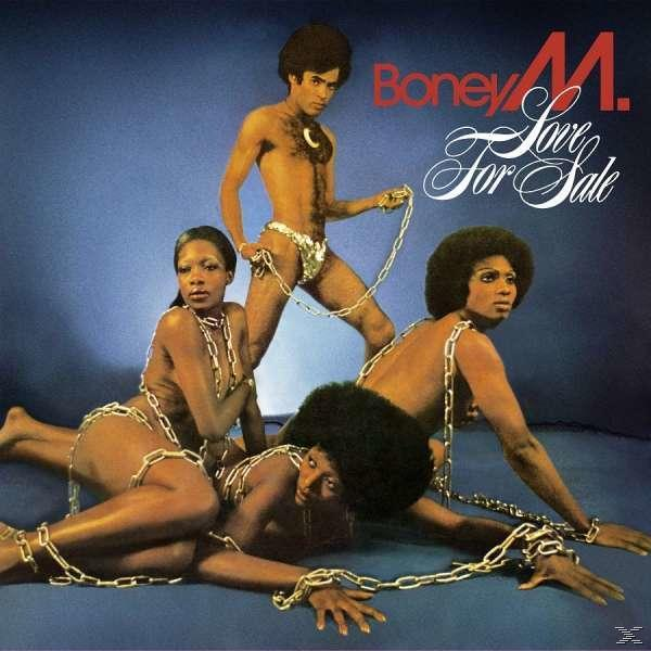 Albumcover für Boney M.'s 'Love for Sale'. Drei Personen in Ketten, provokativ posierend auf blauem Hintergrund.