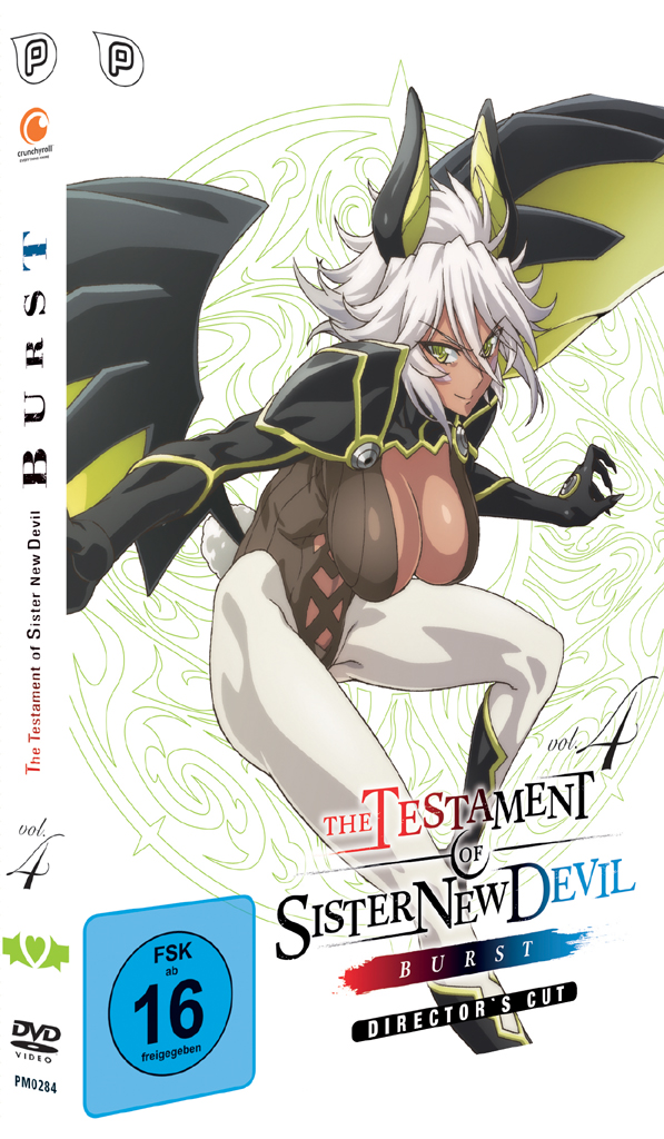 DVD-Cover von The Testament of Sister New Devil BURST, mit einem weiblichen Anime-Charakter.