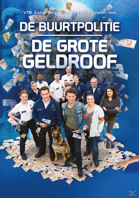 Poster van een tv-programma met een groep mensen en geld dat van bovenaf valt.