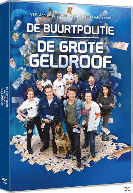 DVD-hoes met een groep mensen op de voorkant. Titel luidt "De Buurtpolitie De Grote Gelddroof".