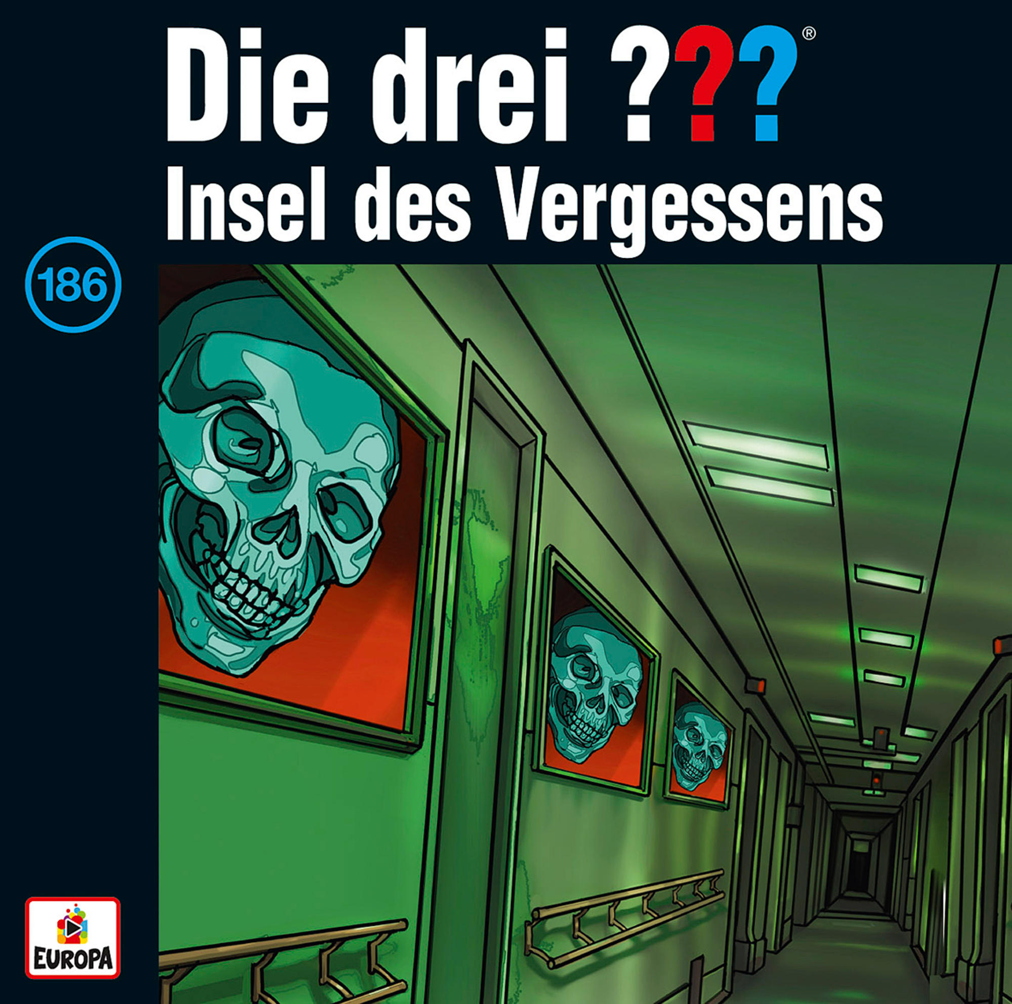 Cover des Buches 'Die drei ???' mit Totenköpfen in Fenstern und Text.
