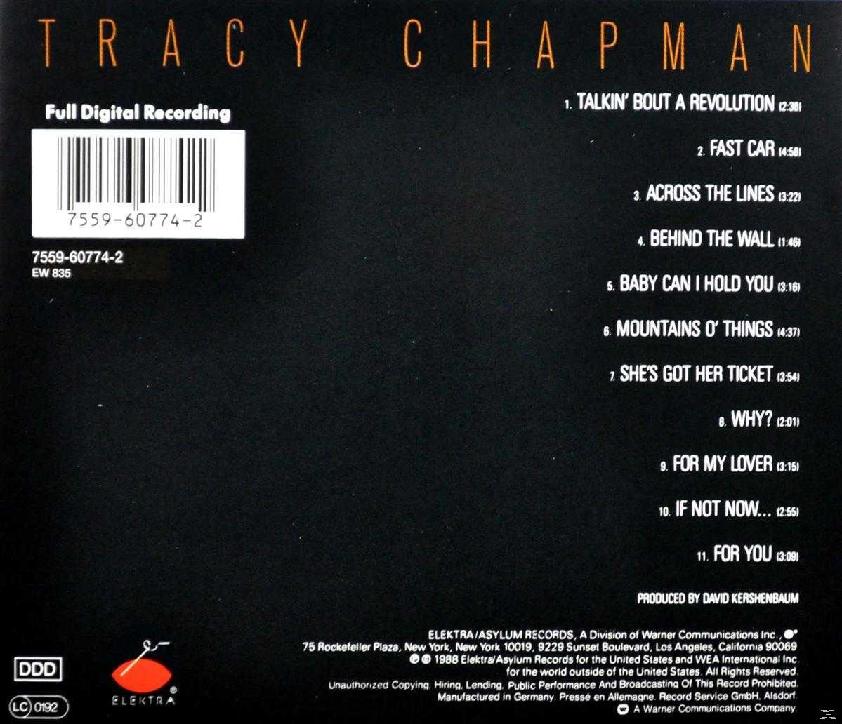 Rückseite der Tracy Chapman CD mit Titelliste, Credits und Elektra-Logo. Brauner Hintergrund.