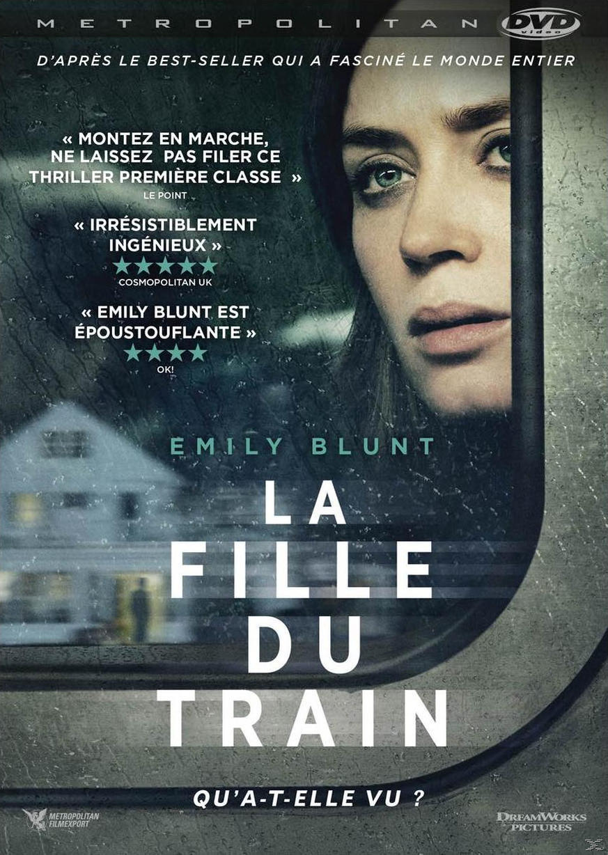 Couverture de DVD avec le visage d'Emily Blunt. Le titre du film est en français, avec des critiques et un train.