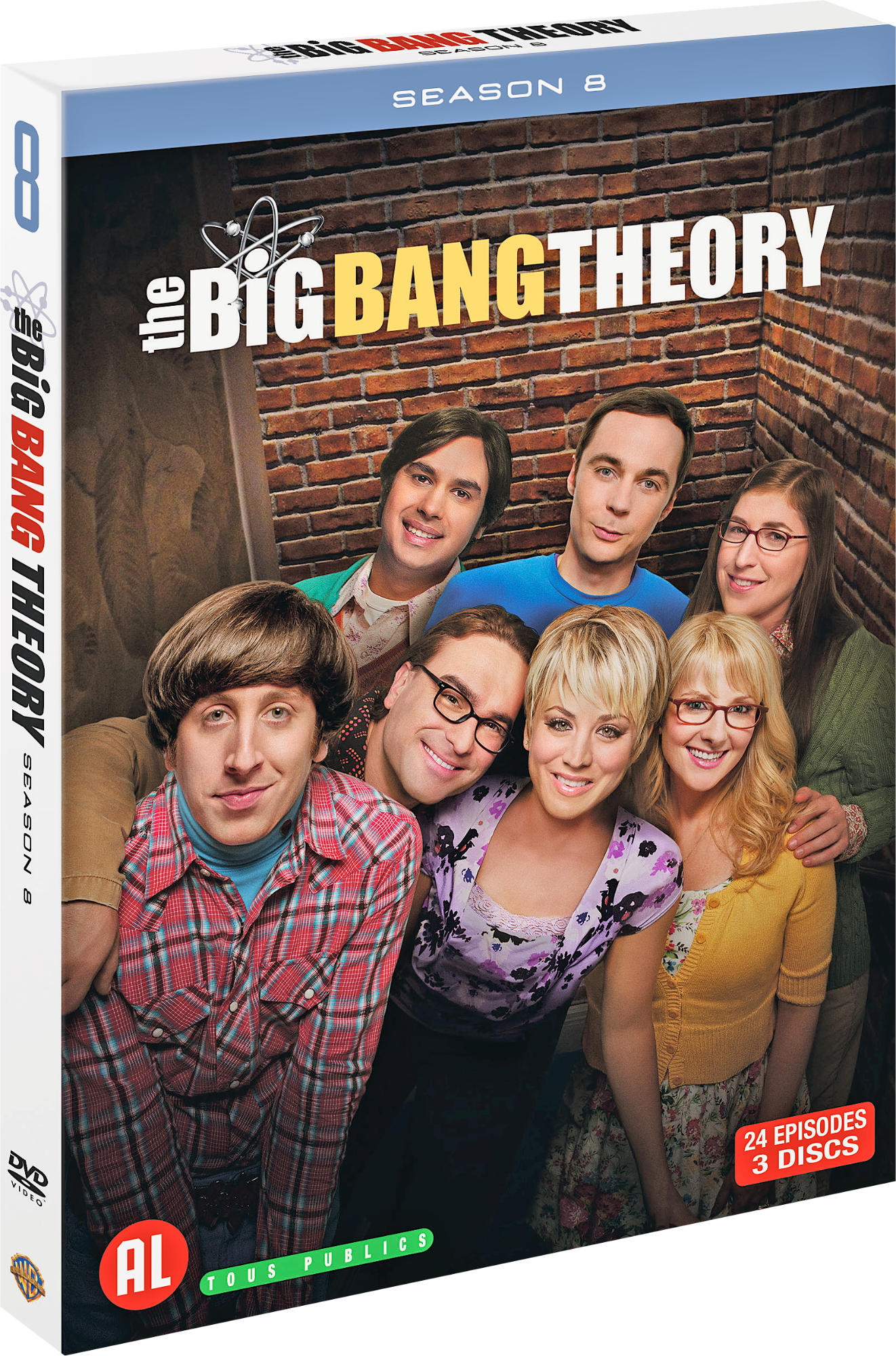 Jaquette DVD de 'The Big Bang Theory' Saison 8. Distribution de la série, avec un mur de briques en arrière-plan.