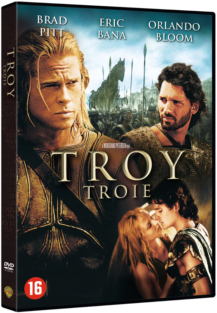 DVD-hoes van de film Troy. Brad Pitt, Eric Bana en Orlando Bloom staan op de cover.