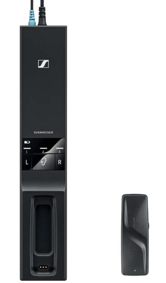 Sennheiser drahtloser Empfänger und Sender. Der Empfänger ist hoch und schwarz, der Sender ist klein und schwarz.