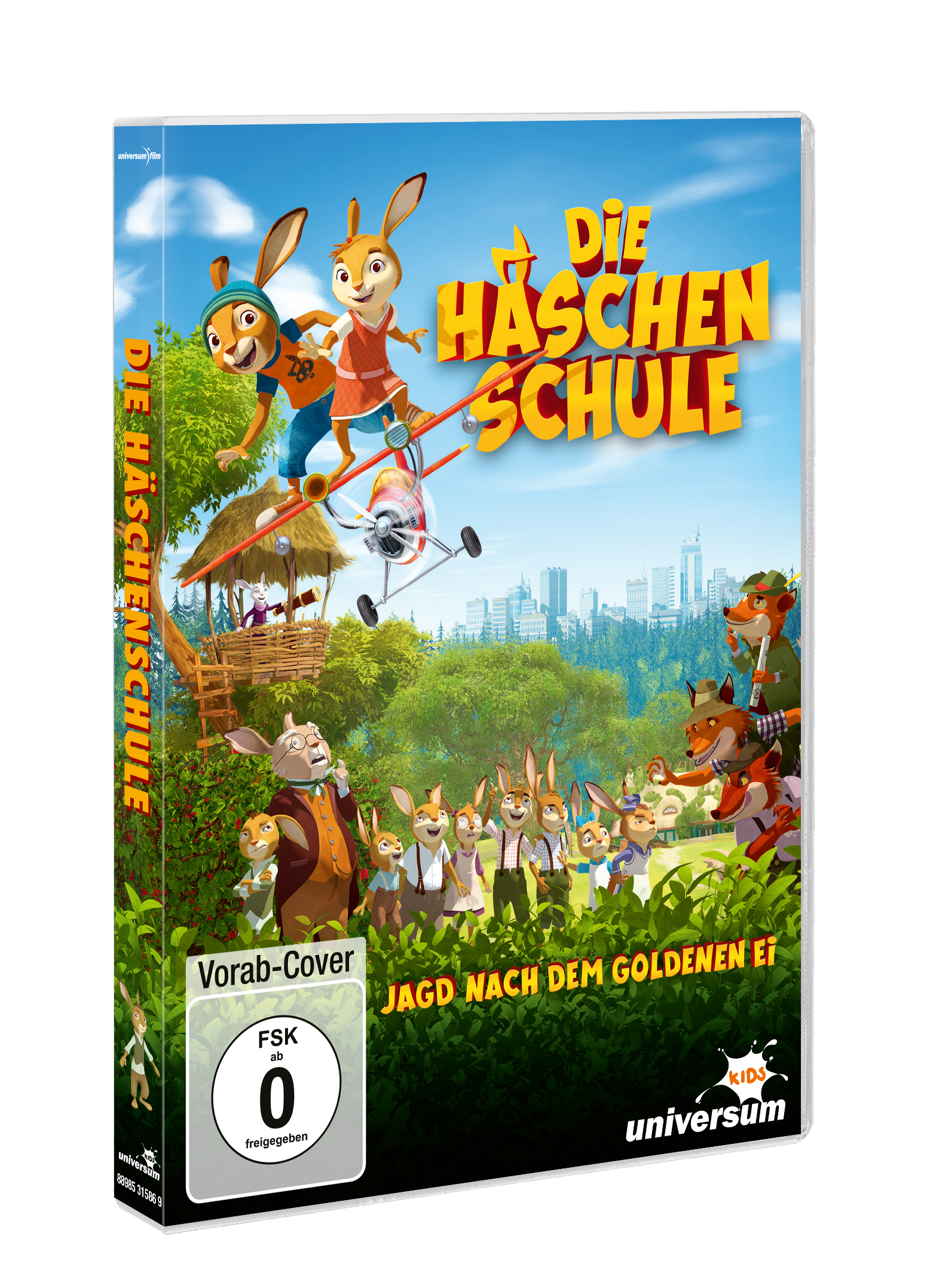 DVD-Box mit Cartoon-Hasen. Der Titel lautet Die Häschenschule. Es gibt zwei Hasen in einem Flugzeug.