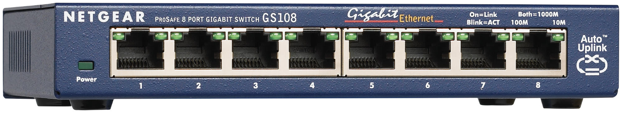 Uno switch Netgear blu con otto porte ethernet, etichettate da 1 a 8. Ha indicatori di alimentazione e auto-uplink.
