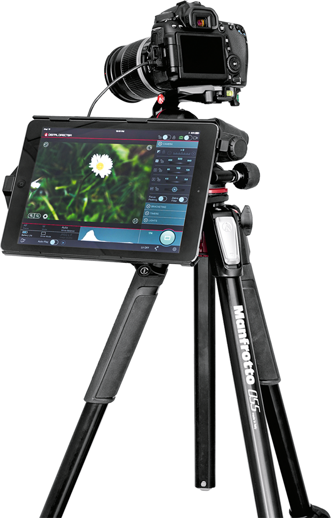 Camera setup on tripod. A tablet displays a flower image. The tripod is labeled Manfrotto 055.