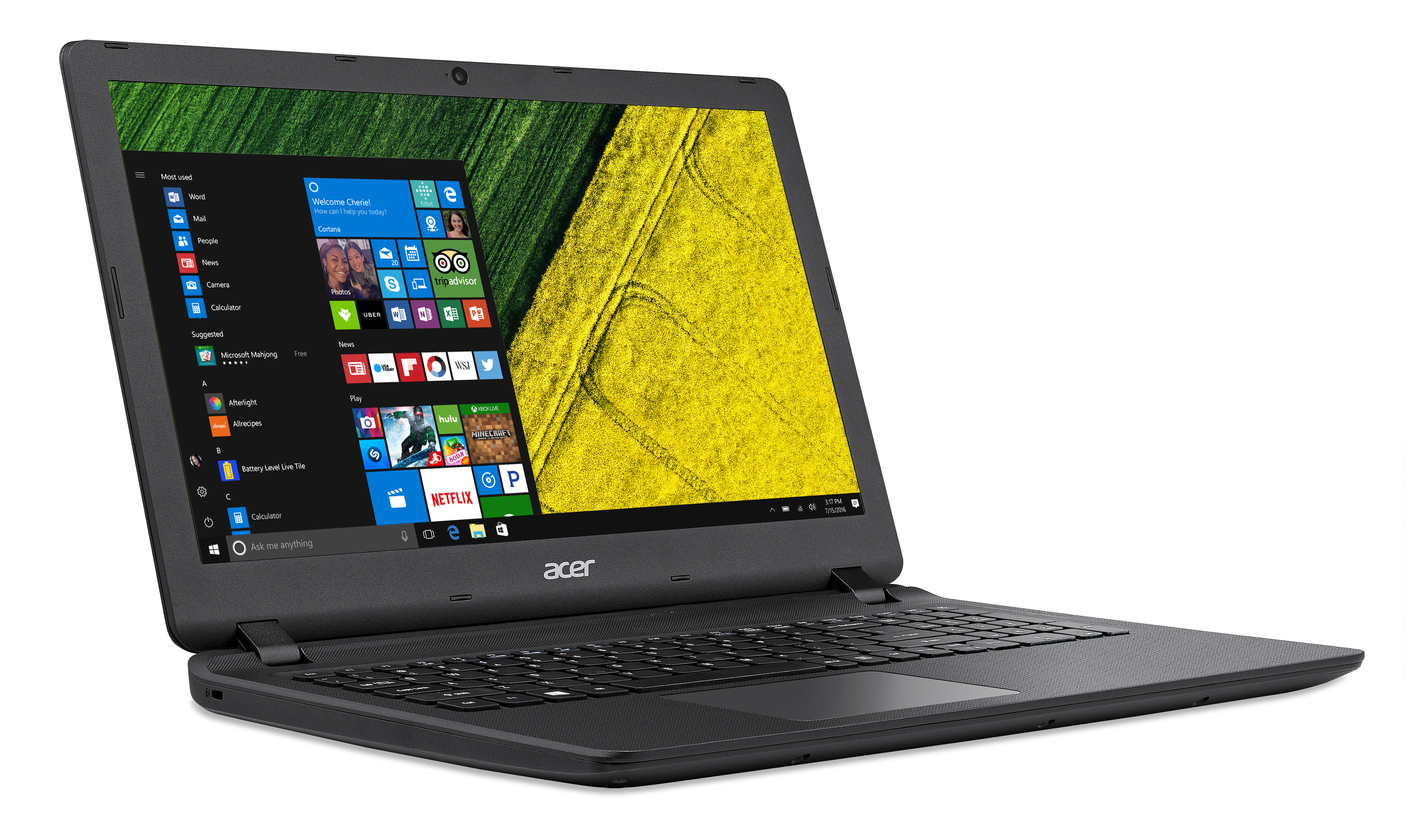 Schwarzer Acer Laptop mit Windows-Startbildschirm. Der Bildschirm zeigt ein gelbes Feld als Hintergrund.