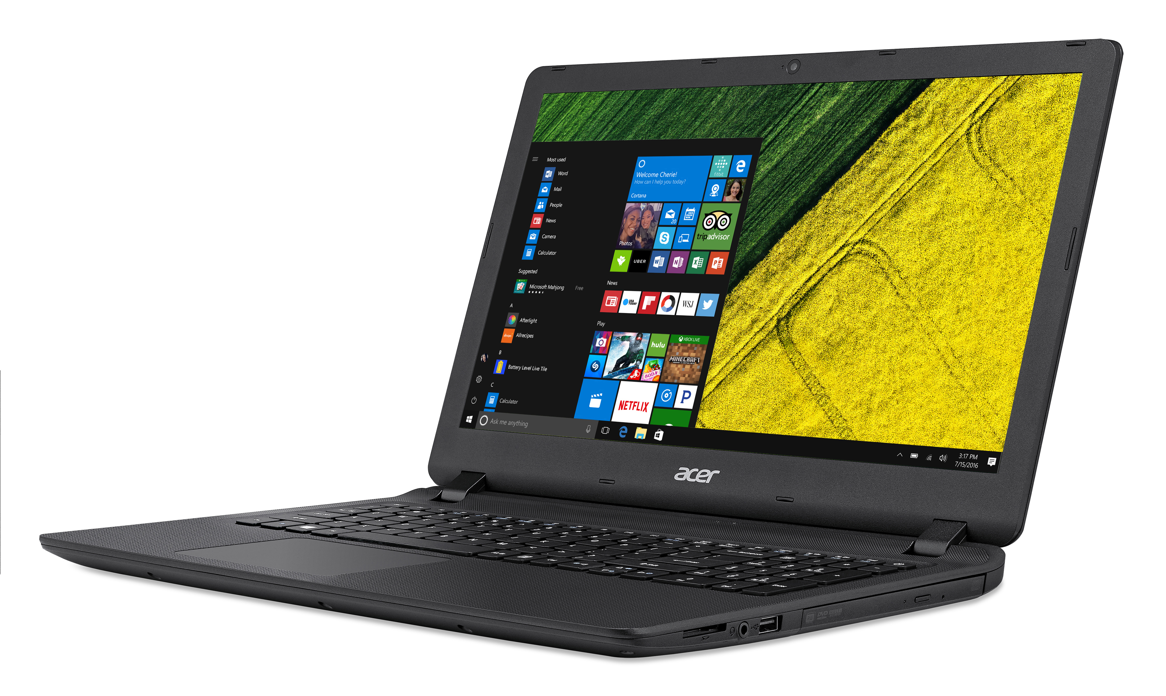 Ein schwarzer Acer-Laptop, geöffnet, mit einem Windows-Desktop, der ein gelbes Feld zeigt.