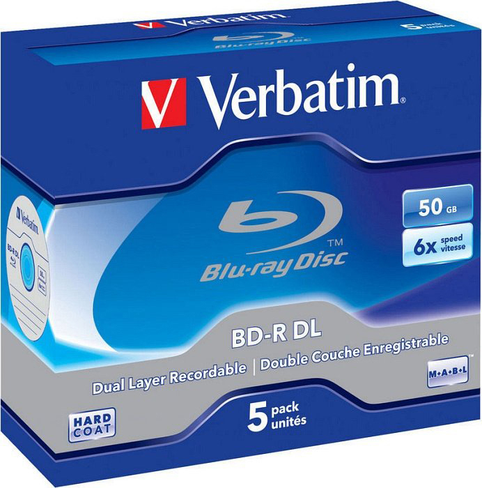 Eine blaue Schachtel mit Verbatim Blu-ray-Discs mit einer Packung von 5 und Details.