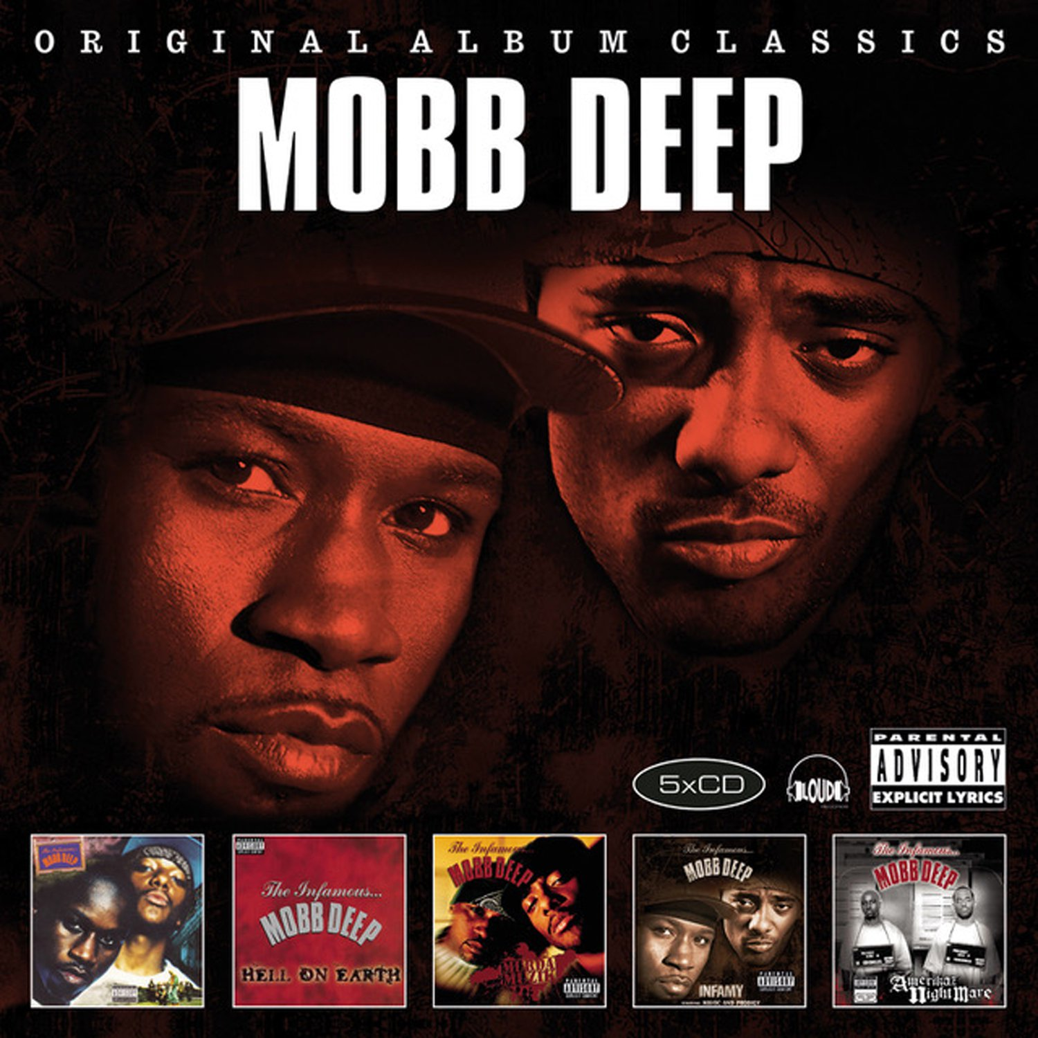 Albumcover: Mobb Deep. Zwei Gesichter von Männern in Rot, Albumtitel, 5CD und Warnhinweis.