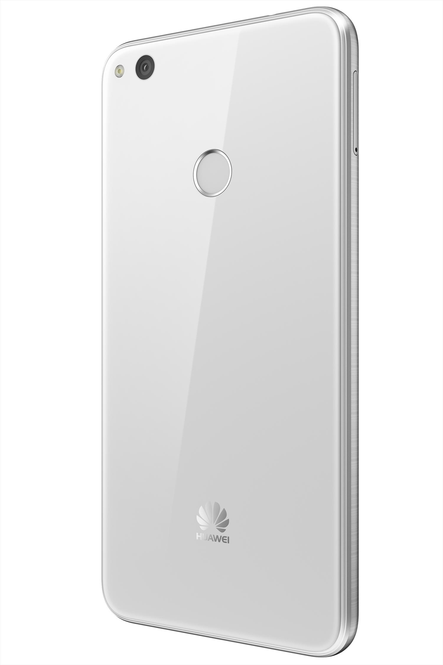 Beyaz akıllı telefon, arka görünüm. Kamera lensi ve parmak izi sensörü görünür. Huawei logosu altta.