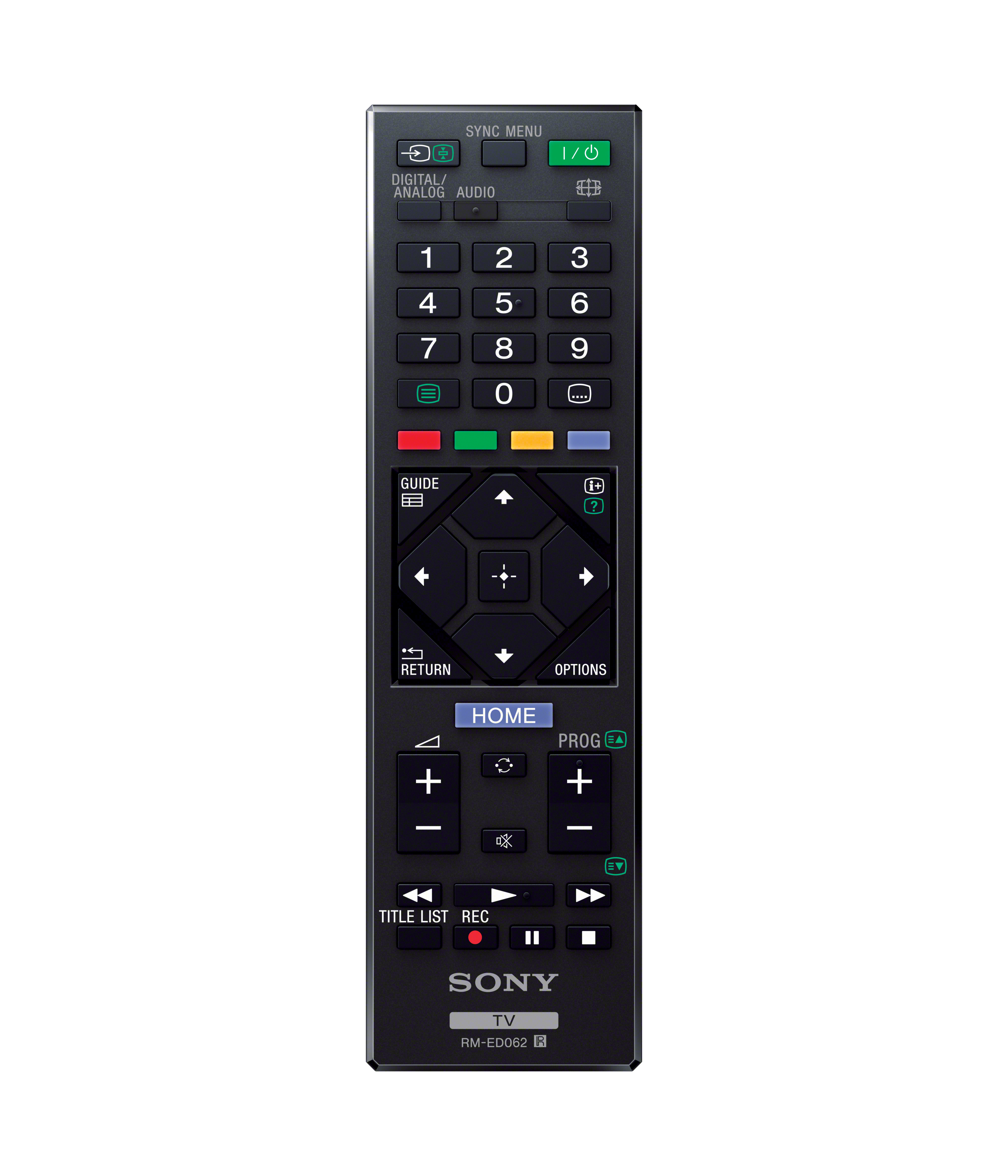 Schwarze Sony TV-Fernbedienung. Numerische Tastatur, Richtungstasten und Funktionstasten sind sichtbar. Weißer Hintergrund.