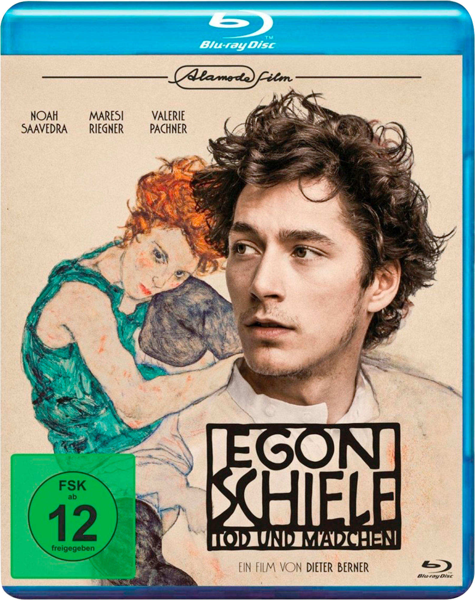 DVD-Hülle für 'Egon Schiele: Tod und Mädchen' mit Bild eines Paares. Blauer Hintergrund.