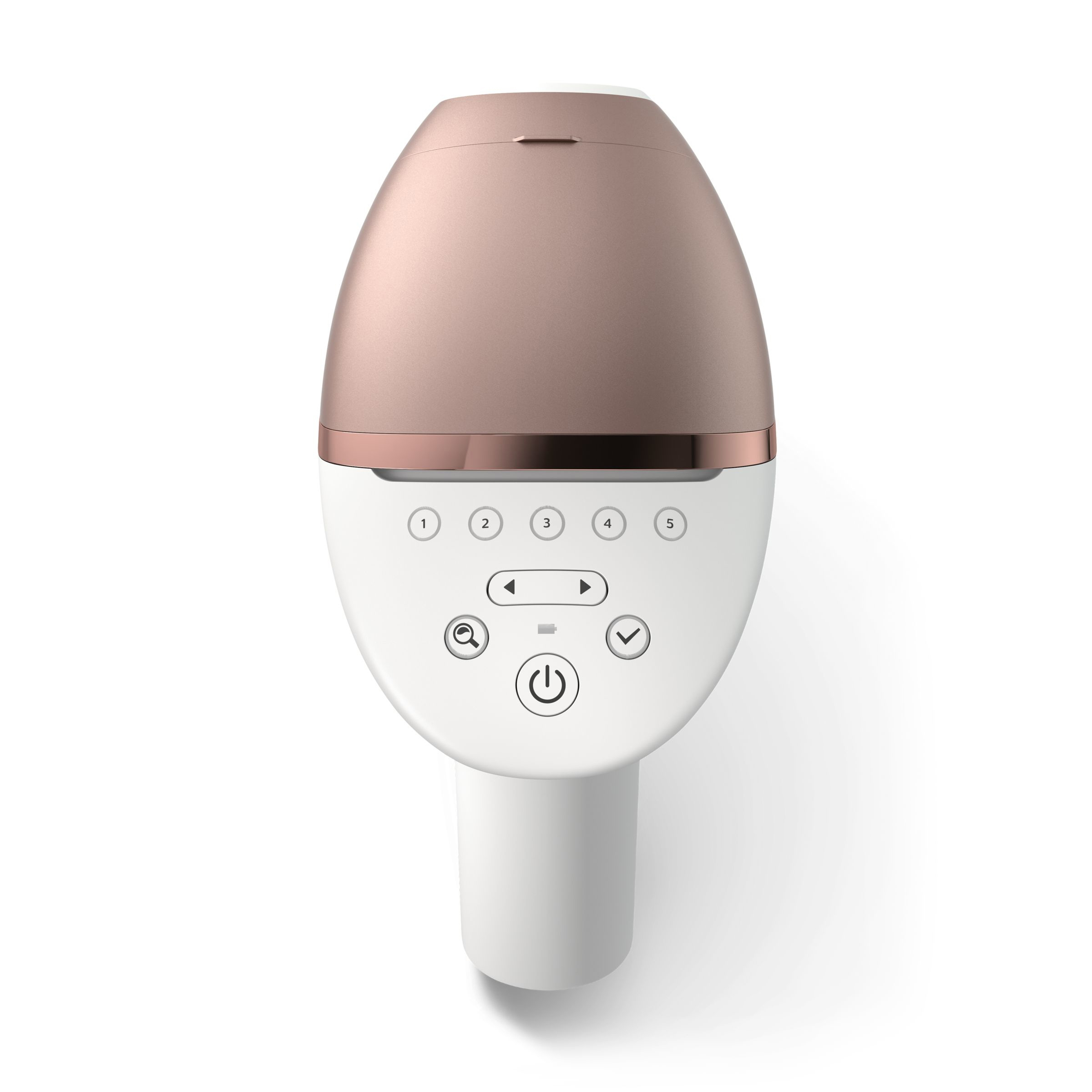 Ein weißes und kupferfarbenes Philips Lumea-Gerät. Es hat Steuertasten und ein kleines Licht oben.