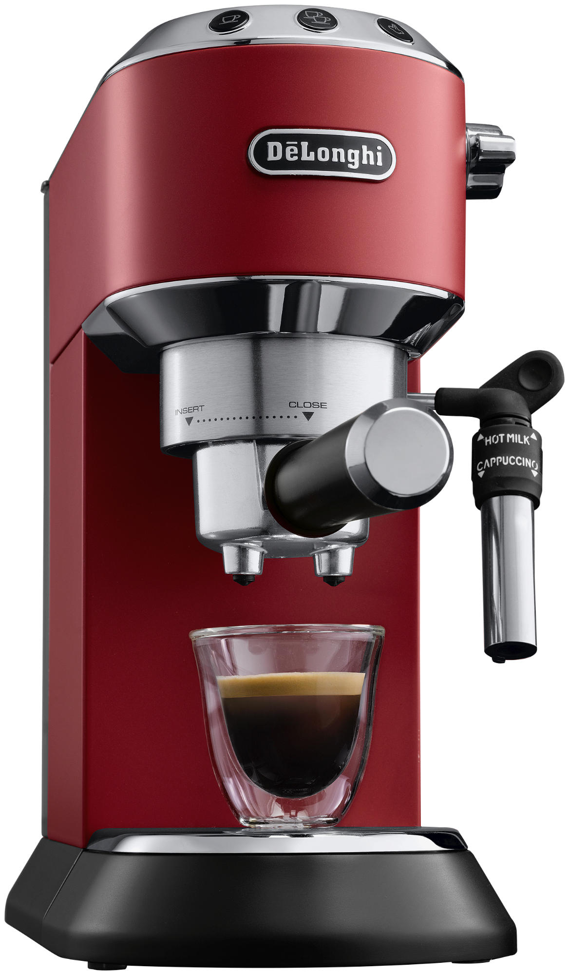Rote Espressomaschine mit einem Glas gefüllt mit Kaffee. Isoliert auf Weiß.