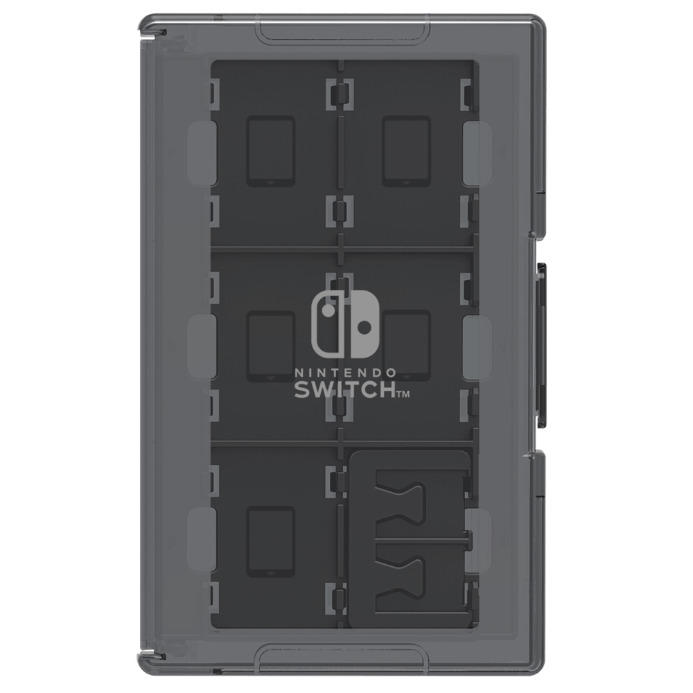 Un étui transparent pour cartouches de jeu Nintendo Switch avec plusieurs emplacements et le logo Nintendo Switch.