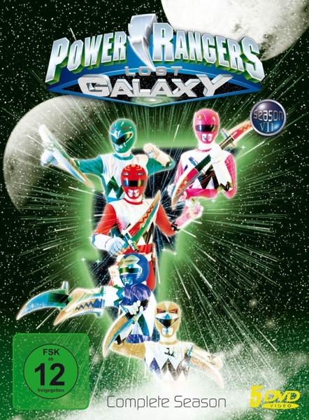 DVD-Cover von Power Rangers im Weltraum mit dem Team in ihren Anzügen und Galaxie-Hintergrund.
