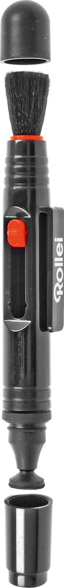 Outil de nettoyage d'objectif noir avec brosse, couvercle et bouchon amovible.