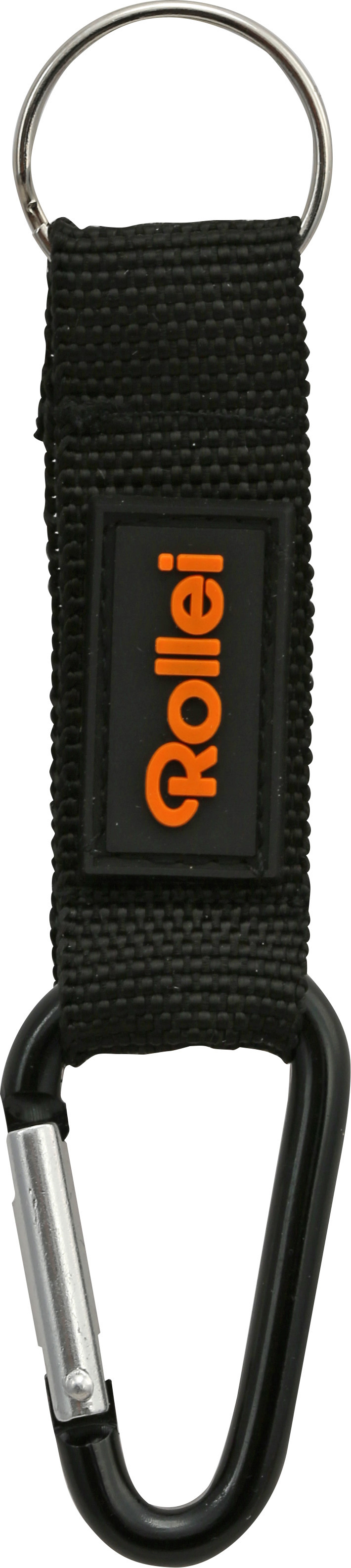 Un porte-clés Rollei noir avec un mousqueton argenté et un logo Rollei orange.