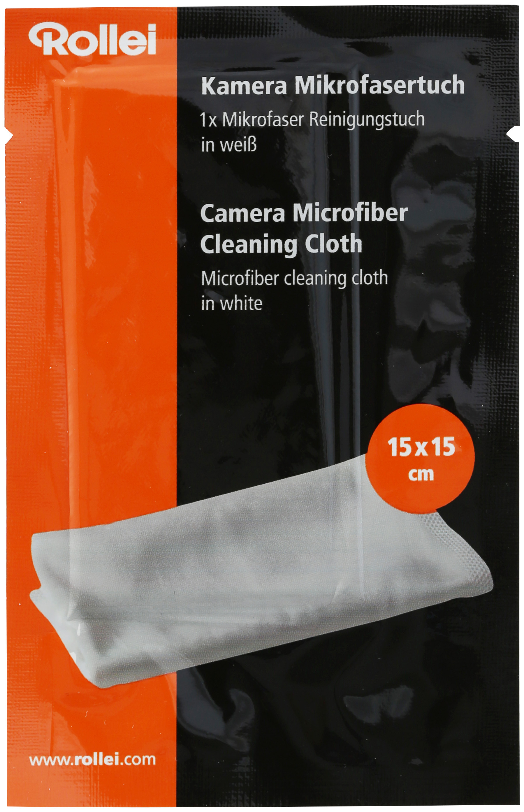 Emballage de chiffon de nettoyage en microfibre Rollei Camera. Chiffon de nettoyage blanc, emballage orange et blanc.