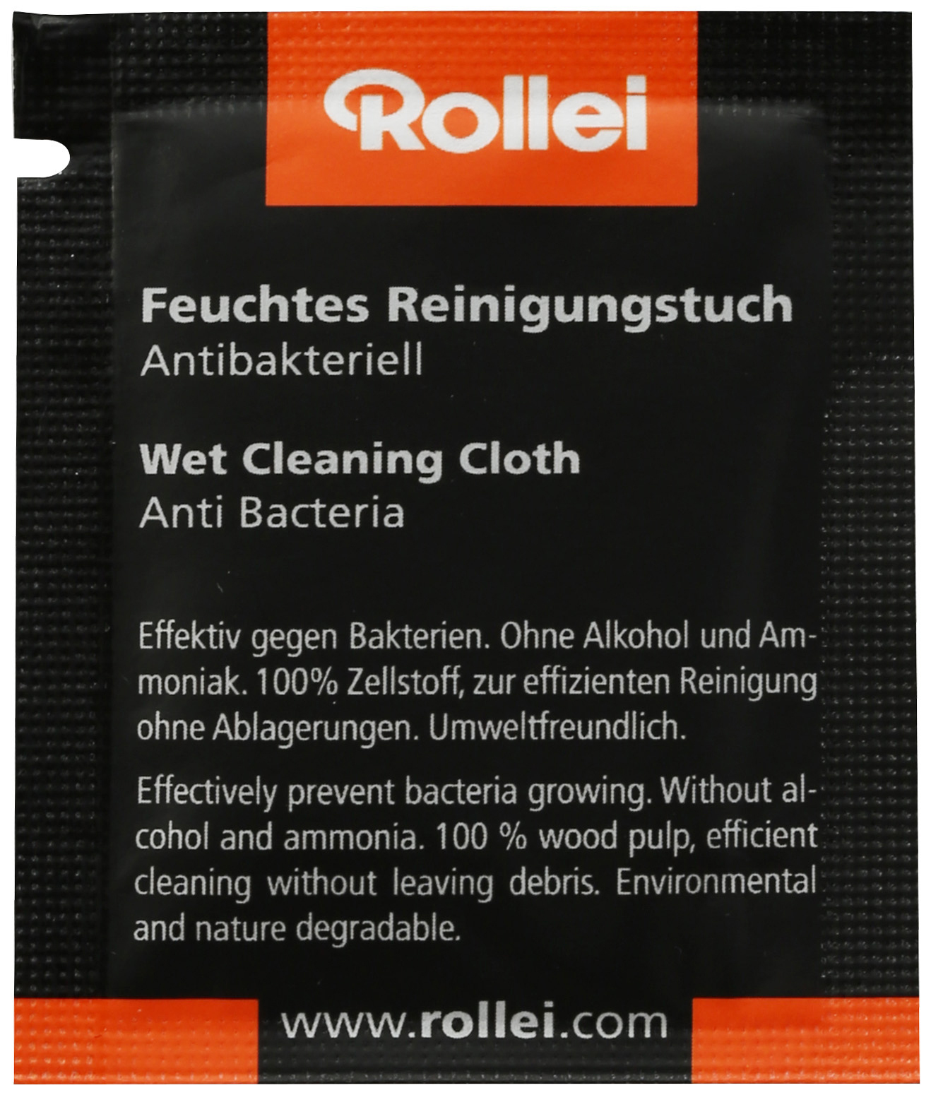 Un paquet de lingettes nettoyantes humides 'Rollei' avec texte et logo, fond blanc.